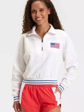 Joy Lab 4th of July Independence Day flag quarter zip pullover white size medium